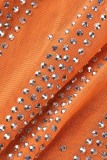 Orange Sexy Patchwork Hot Drilling See-through O Neck One Step Skirt Dresses