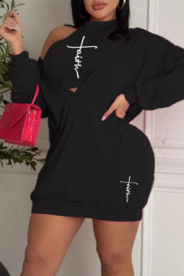 Black Casual Print Patchwork V Neck Long Sleeve Two Pieces