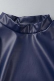 Dark Blue Casual Solid Patchwork Half A Turtleneck A Line Plus Size Dresses
