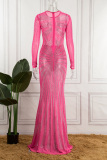 Rose Red Sexy Patchwork Hot Drilling See-through O Neck One Step Skirt Dresses