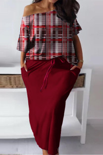 Burgundy Casual Daily Print Basic Off the Shoulder Plus Size Two Pieces