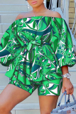 Black Green Casual Print Patchwork Off the Shoulder Long Sleeve Two Pieces