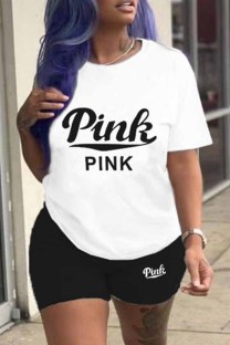 Black Casual Print Letter O Neck Short Sleeve Two Pieces