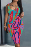 Multi-color Casual Print Patchwork U Neck Pencil Skirt Dresses