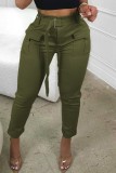 Khaki Casual Solid Patchwork Regular High Waist Conventional Solid Color Trousers