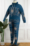 Blue Casual Daily Print Patchwork Printing Plus Size Two Pieces