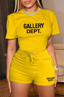 Yellow Casual Print Letter O Neck Short Sleeve Two Pieces