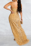 Apricot Sexy Patchwork Sequins High Opening Spaghetti Strap Trumpet Mermaid Dresses