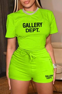 Fluorescent Green Casual Print Letter O Neck Short Sleeve Two Pieces