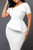 White Elegant Solid Patchwork Oblique Collar One Step Skirt Dresses
