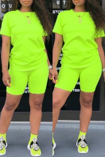 Green Casual Solid Basic O Neck Short Sleeve Two Pieces