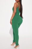 Green Casual Street Solid Patchwork Spaghetti Strap Skinny Jumpsuits