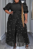 Black Casual Solid Bandage Patchwork Buckle Beading Turndown Collar Straight Plus Size Dresses