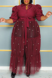 Burgundy Casual Solid Bandage Patchwork Buckle Beading Turndown Collar Straight Plus Size Dresses