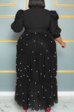 Black Casual Solid Bandage Patchwork Buckle Beading Turndown Collar Straight Plus Size Dresses