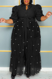 Black Casual Solid Bandage Patchwork Buckle Beading Turndown Collar Straight Plus Size Dresses