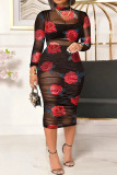 Red Sexy Print Patchwork See-through O Neck Pencil Skirt Plus Size Three Pieces