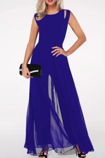 Blue Casual Solid Patchwork O Neck Regular Jumpsuits