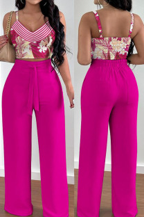 Rose Red Sexy Print Patchwork Spaghetti Strap Sleeveless Two Pieces
