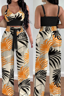Apricot Sexy Print Patchwork Spaghetti Strap Sleeveless Two Pieces