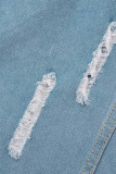 Light Blue Casual Street Solid Patchwork Buckle Stringy Selvedge Turndown Collar Long Sleeve Straight Denim Jacket