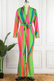 Red Green Sexy Striped Print Patchwork V Neck Straight Jumpsuits