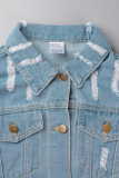 Light Blue Casual Street Solid Patchwork Buckle Stringy Selvedge Turndown Collar Long Sleeve Straight Denim Jacket