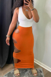 Orange Sexy Casual Solid Hollowed Out High Qaist Skirt