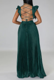 Green Sexy Solid Patchwork Backless Fold V Neck Straight Dresses