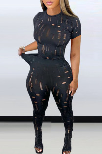 Black Sexy Solid Hollowed Out Patchwork O Neck Short Sleeve Two Pieces