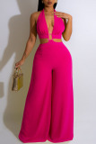 Red Sexy Solid Patchwork Backless Halter Straight Jumpsuits