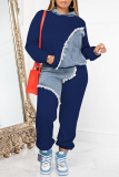 Blue Casual Patchwork Contrast Hooded Collar Plus Size Two Pieces