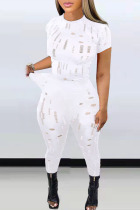 White Sexy Solid Hollowed Out Patchwork O Neck Short Sleeve Two Pieces