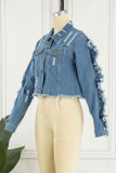 Blue Casual Street Solid Patchwork Buckle Stringy Selvedge Turndown Collar Long Sleeve Straight Denim Jacket