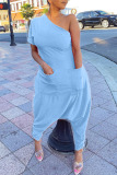 Baby Blue Casual Solid Patchwork Asymmetrical Oblique Collar Loose Jumpsuits
