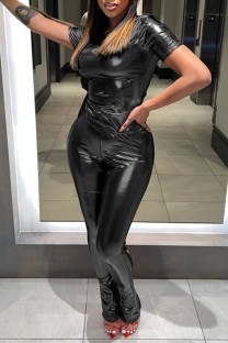 Black Casual Solid Basic O Neck Short Sleeve Two Pieces