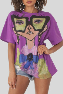 Purple Casual Street Print Patchwork Hot Drill O Neck T-Shirts