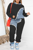 Red Casual Patchwork Contrast Hooded Collar Plus Size Two Pieces