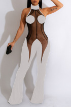 White Sexy Solid Patchwork See-through Backless Halter Boot Cut Jumpsuits