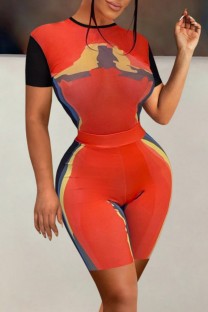 Red Casual Print Basic O Neck Short Sleeve Two Pieces