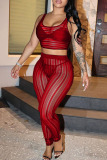 Red Street Solid Patchwork See-through U Neck Two Pieces