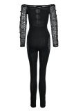 Black Sexy Solid Hollowed Out Patchwork See-through Off the Shoulder Skinny Jumpsuits