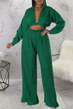 Green Sexy Solid Bandage Patchwork Fold Long Sleeve Two Pieces