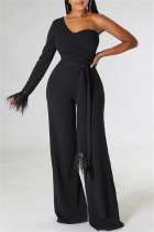 Black Fashion Casual Solid Patchwork Backless One Shoulder Regular Jumpsuits