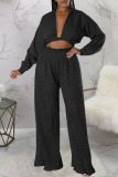 Black Sexy Solid Bandage Patchwork Fold Long Sleeve Two Pieces