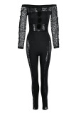 Black Sexy Solid Hollowed Out Patchwork See-through Off the Shoulder Skinny Jumpsuits