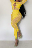 Yellow Sexy Solid Hollowed Out Patchwork See-through Off the Shoulder Skinny Jumpsuits