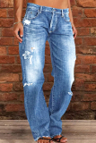 Light Blue Casual Street Patchwork Ripped Straight Denim Jeans