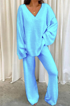 Light Blue Casual Solid Solid Color V Neck Two Pieces