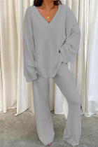 Light Gray Casual Solid Solid Color V Neck Two Pieces